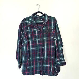 Lauren Ralph Lauren Bullion Patch Shirt Women's 2X Plaid Embellished Jewel Butto